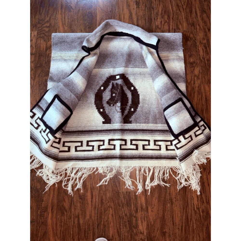 Vintage Hand Woven Mexican Poncho Serape Blanket Heavy Wool Blend Boho Southwest
